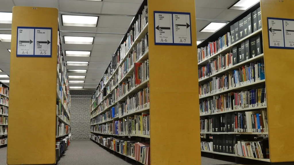 Aisles of bookshelves in a university library